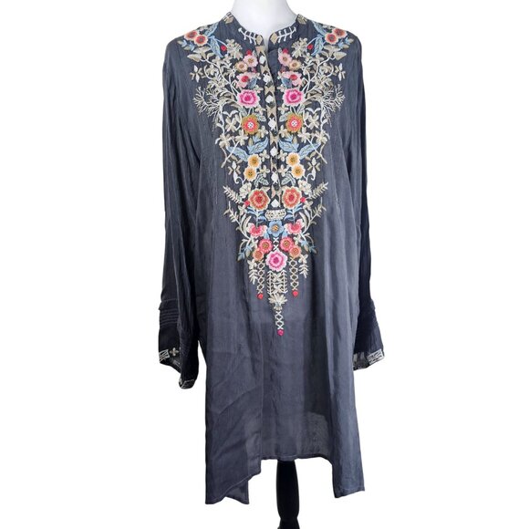 Johnny Was Arianna Floral Embroidered LS Tunic Blouse XL Gray Boho Relaxed Flowy - Picture 1 of 11